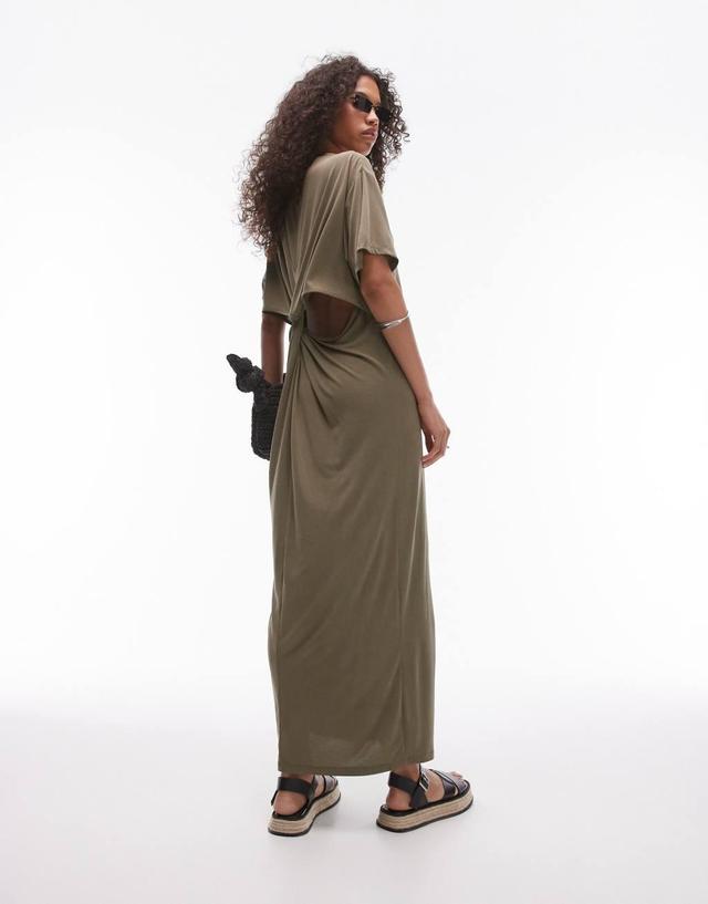 Topshop premium super soft twist back cupro t-shirt midi dress in khaki Product Image