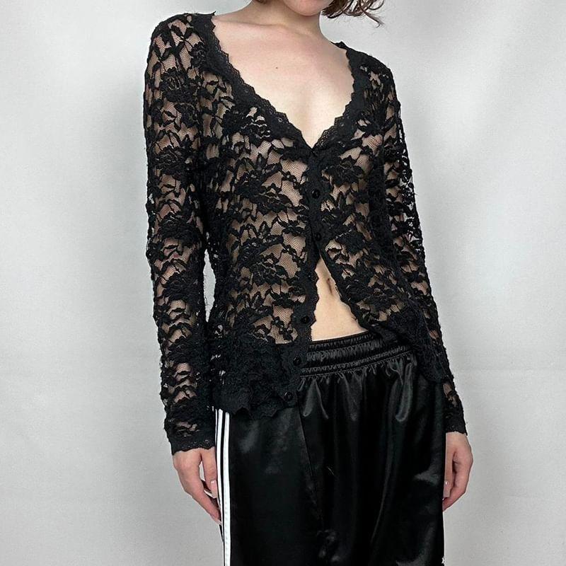 Long-Sleeve V-Neck Floral Lace Crop Top Product Image