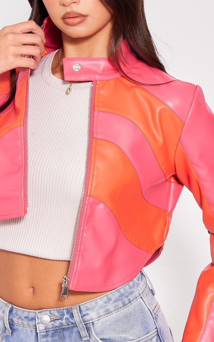  Pink Asymmetric Lines Faux Leather Crop Jacket Product Image