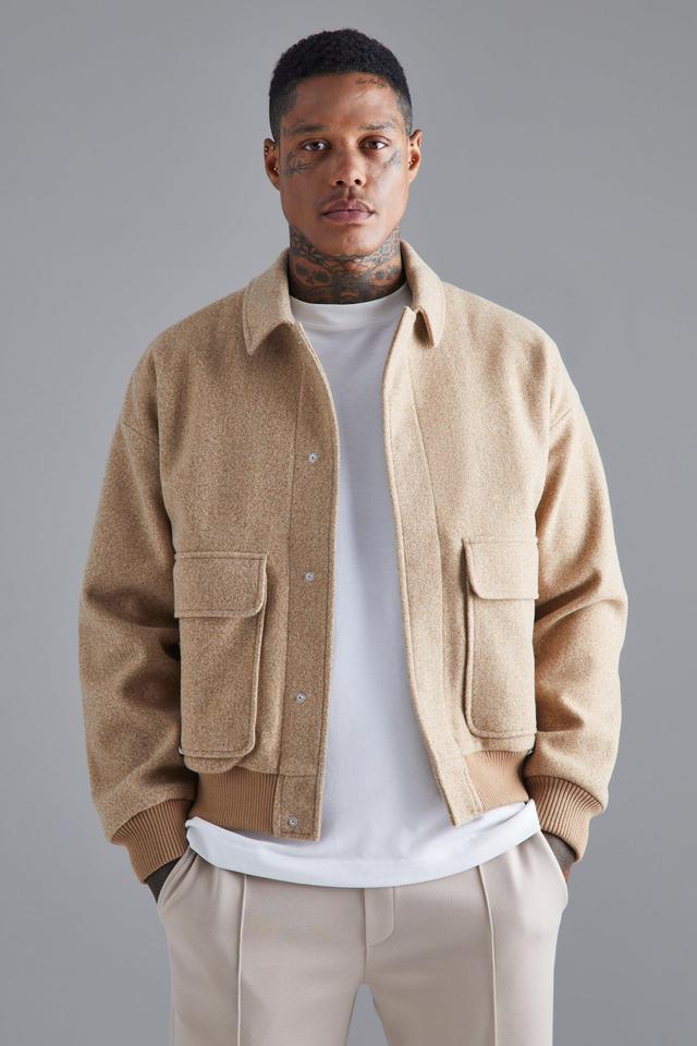 Mens Beige Boxy Melton Collared Bomber Jacket, Beige Product Image