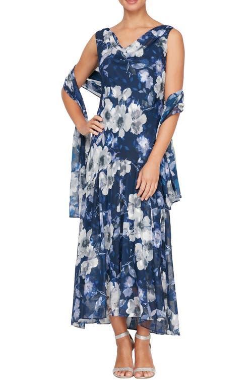 Alex Evenings Cowl Neck Burnout Floral Print Sleeveless Shift Midi Shawl Dress Product Image