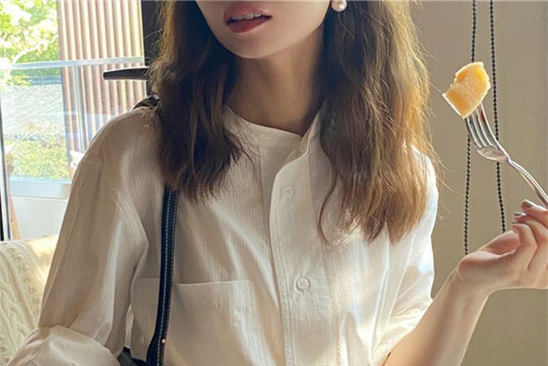 Long-Sleeve Stand Collar Plain Button-Up Blouse Product Image