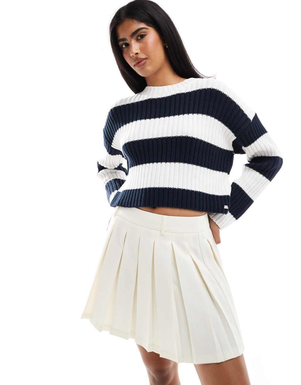 Pull&Bear cropped ribbed knit sweater in navy stripe Product Image