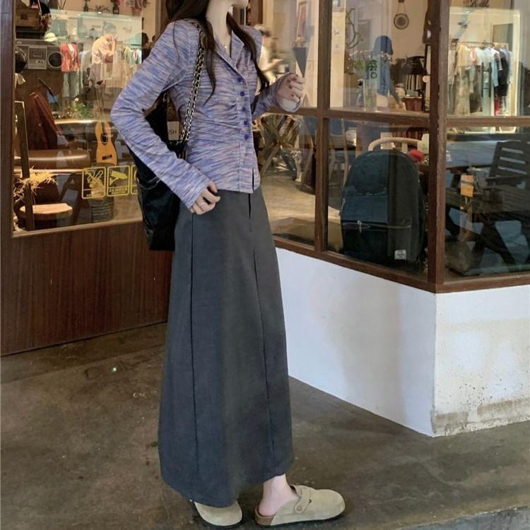 Long Sleeve Open Placket Melange Button Top / High Waist Plain Maxi Pencil Skirt Product Image