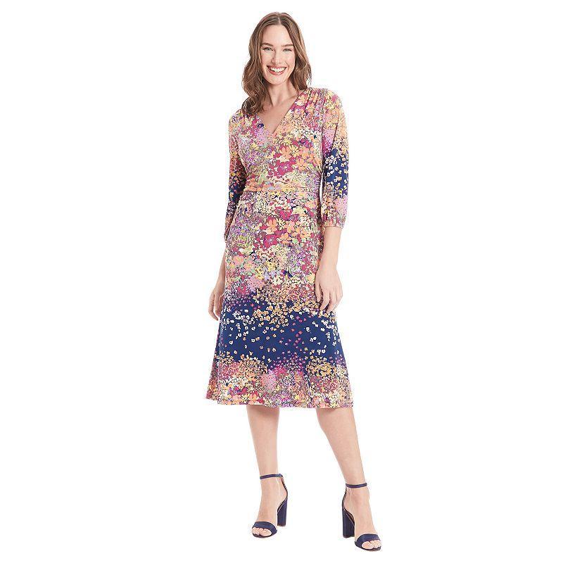 Womens London Times Floral Print V-Neck Bishop Sleeve Midi Dress Product Image