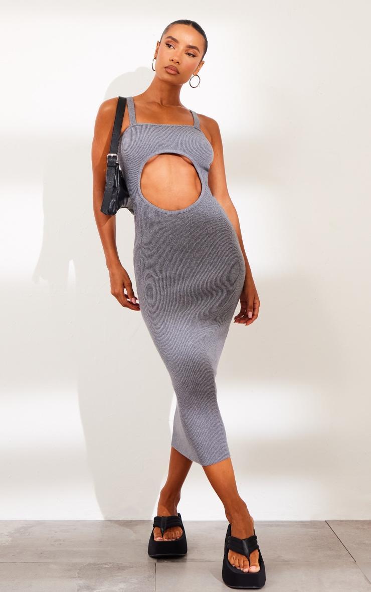  Charcoal Grey Front Cut Out Soft Rib Maxi Dress Product Image