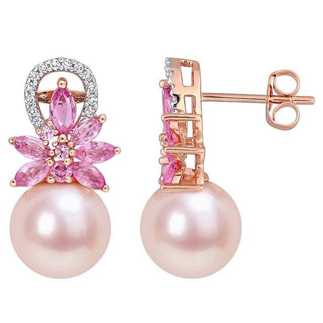 Stella Grace 14k Rose Gold Dyed Pink Freshwater Cultured Pearl, Pink Sapphire & 1/8 Carat T.W. Diamond Drop Earrings, Womens Product Image