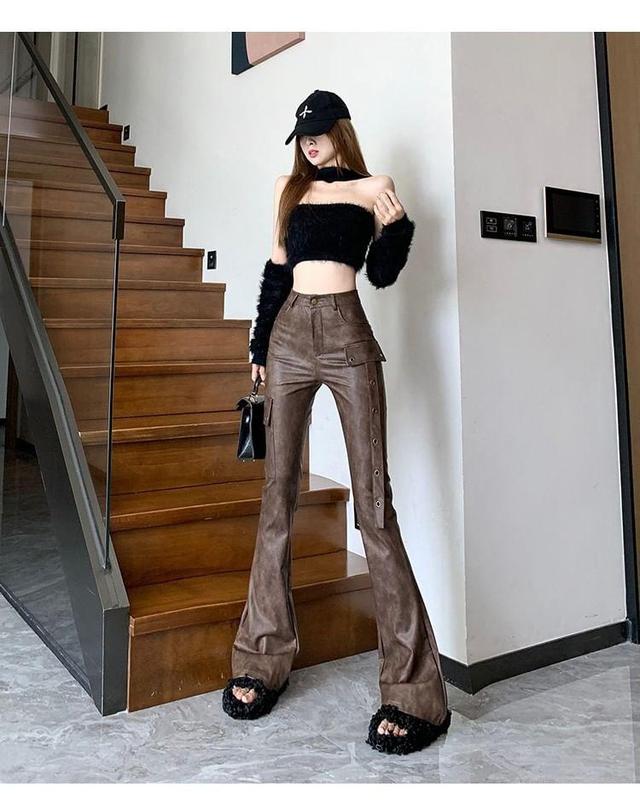 High Rise Faux Leather Flared Pants Product Image