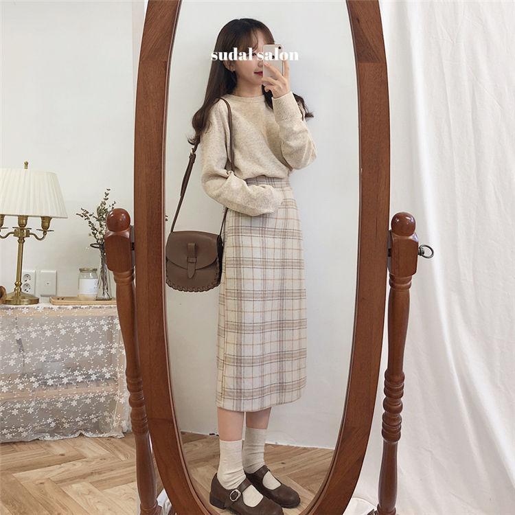 High-Waist Plaid Midi Straight Skirt Product Image