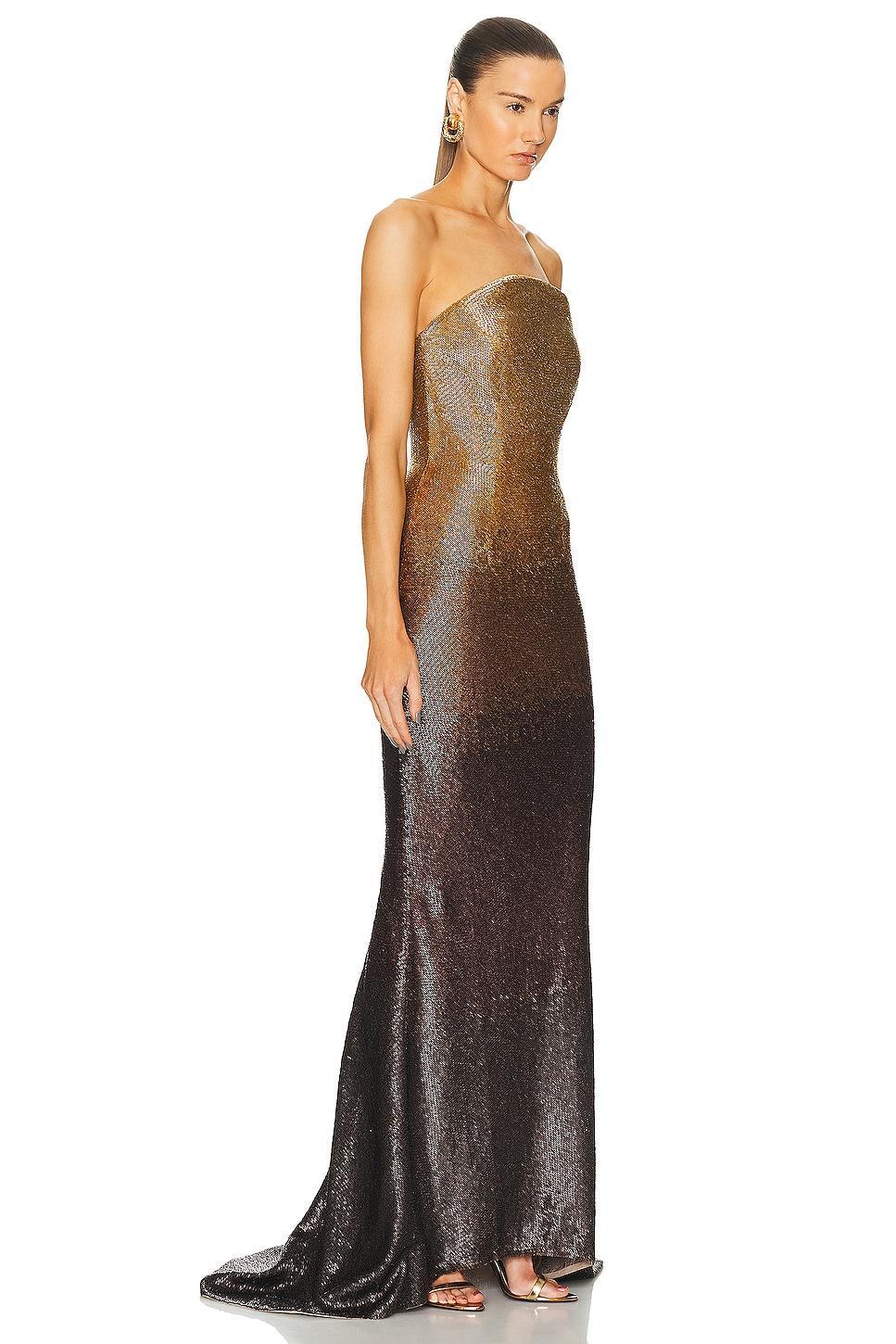 Oscar de la Renta Crescent Neck Sequin & Bead Embroidered Gown in Metallic Gold,Purple Product Image