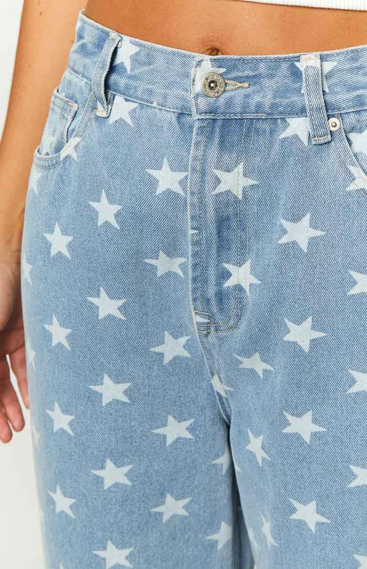 Eli Star Print Mid Wash Wide Leg Denim Jeans Product Image