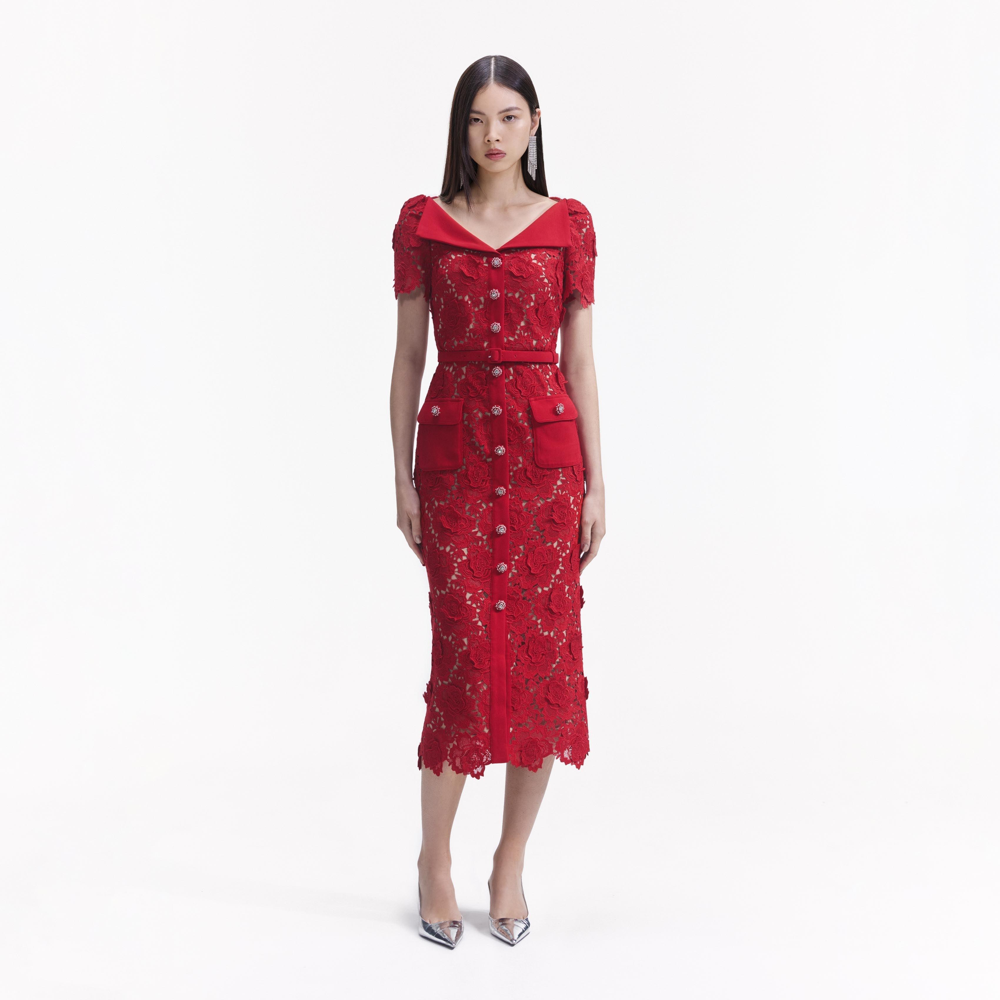 Red Lace Open Neck Midi Dress Product Image