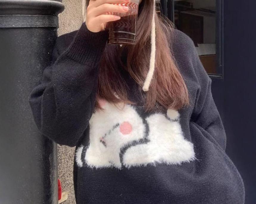 Long Sleeve Round Neck Bunny Oversized Sweater Product Image