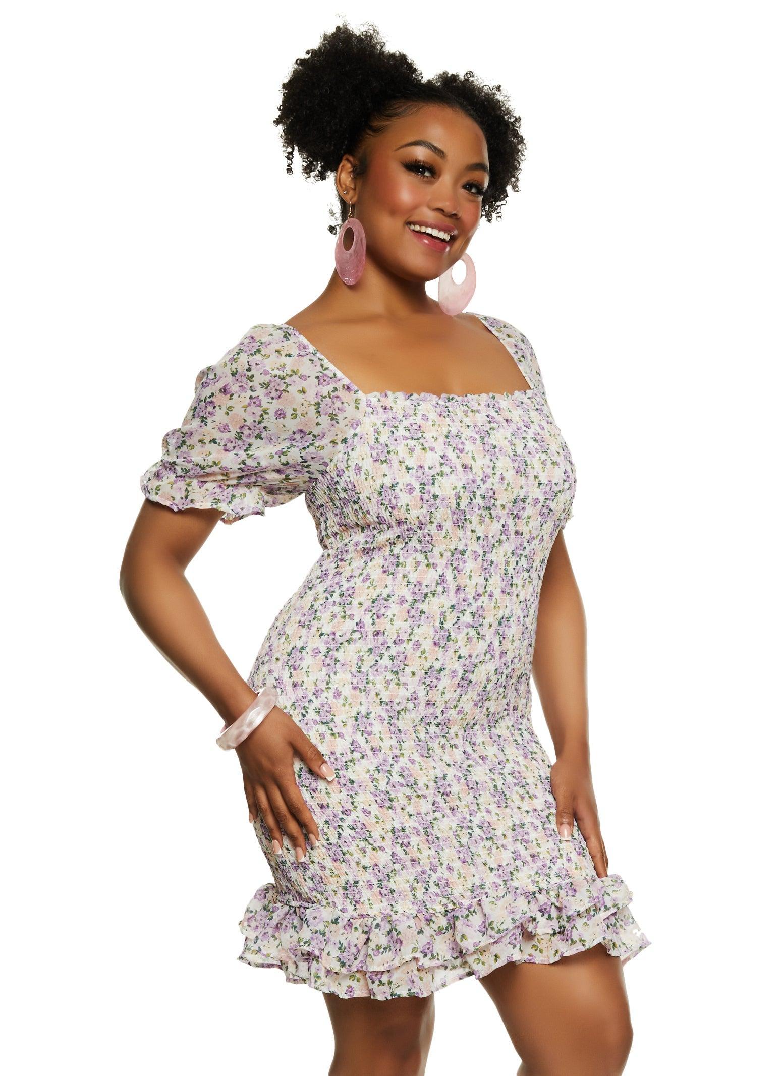 Womens Plus Size Haute Monde Floral Print Smocked Mini Dress Product Image