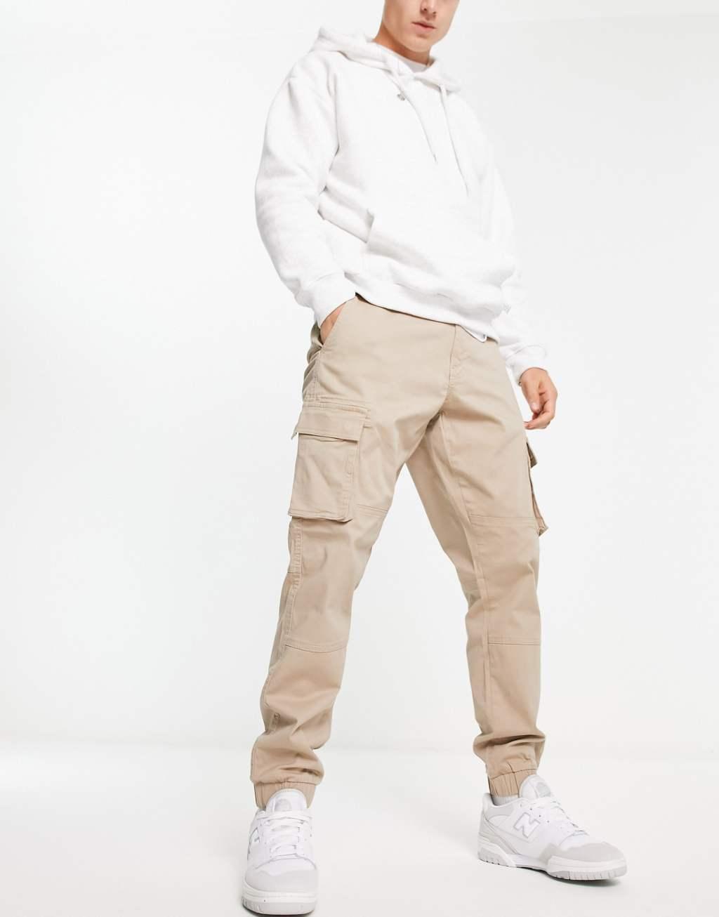 Only & Sons cuffed tapered fit cargo pants in stone Product Image