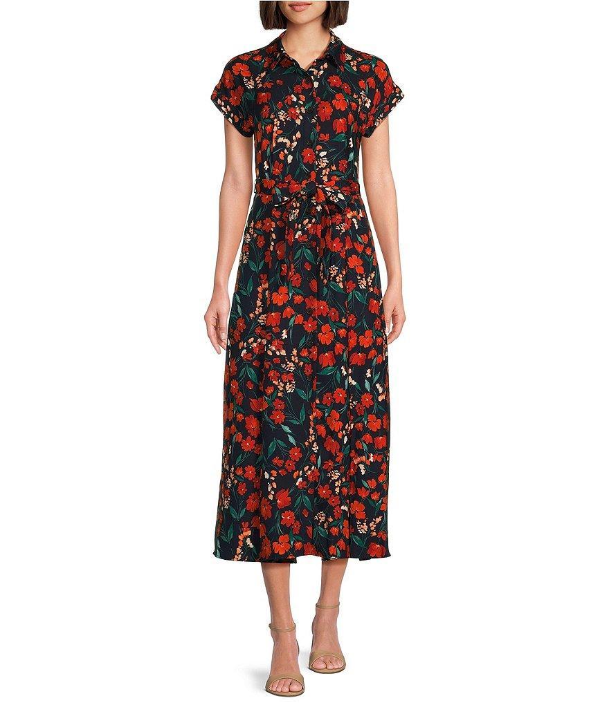 Calvin Klein Short Sleeve Collared Neck Tie Waist Floral Midi Dress Product Image