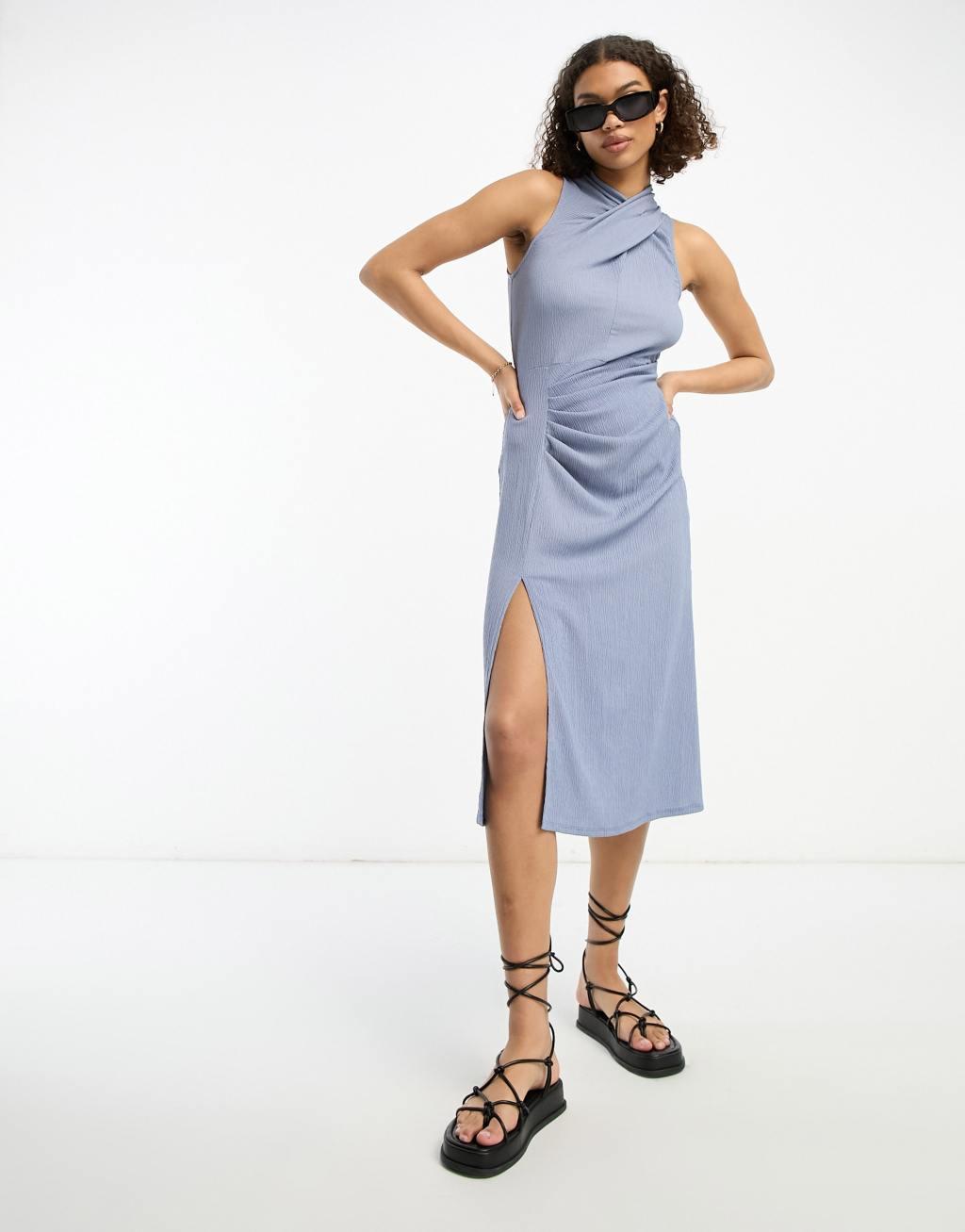 ASOS DESIGN wrap front sleeveless midi dress with hanky hem in blue Product Image