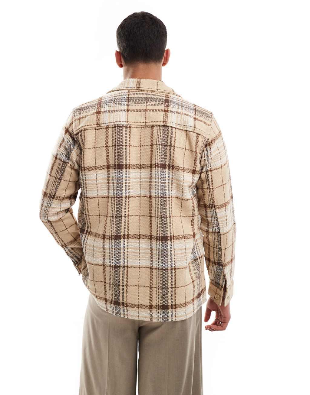 ONLY & SONS zip up faux wool shacket in beige plaid Product Image