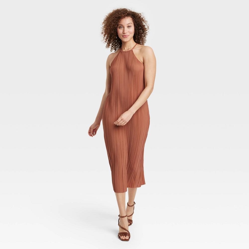 Womens Knit Plisse Midi Shift Dress - A New Day Brown L Product Image