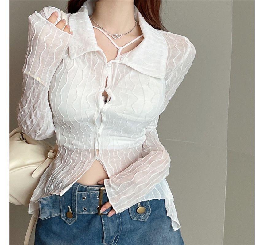 Long-Sleeve Sheer Knit Crop Top Product Image