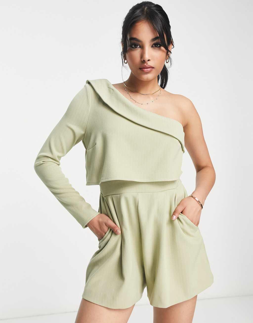 ASOS DESIGN one shoulder tailored romper in sage Product Image