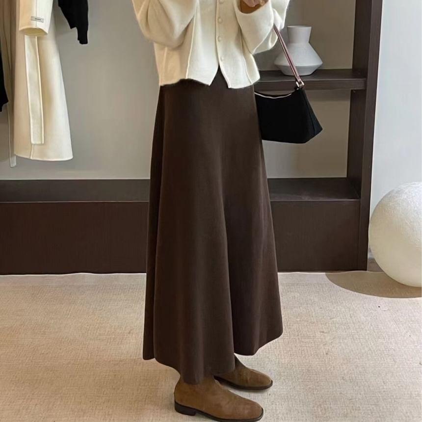 High Waist Plain Maxi A-Line Knit Skirt Product Image