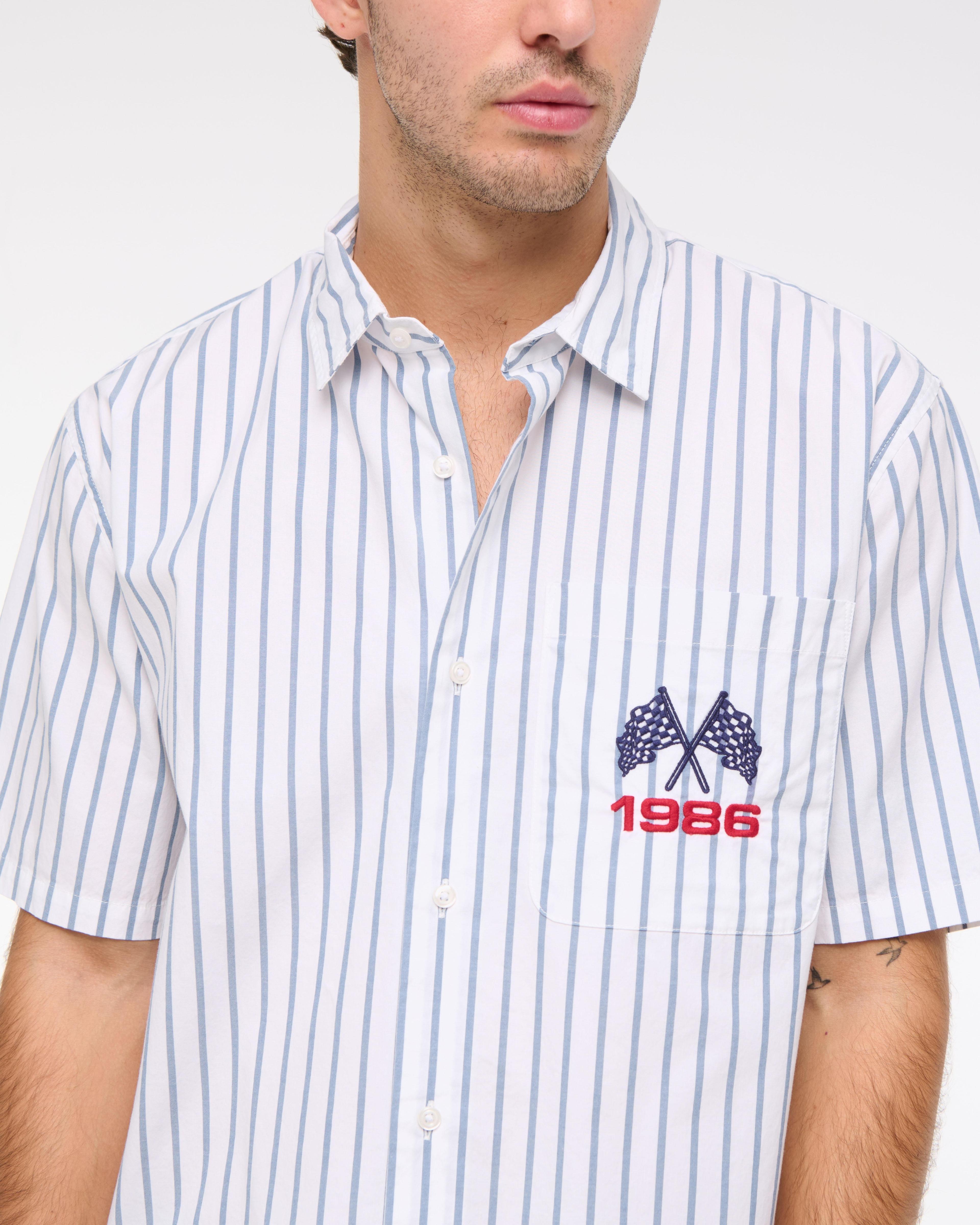 Short-Sleeve Cropped Racing Workwear Button-Up Shirt Product Image