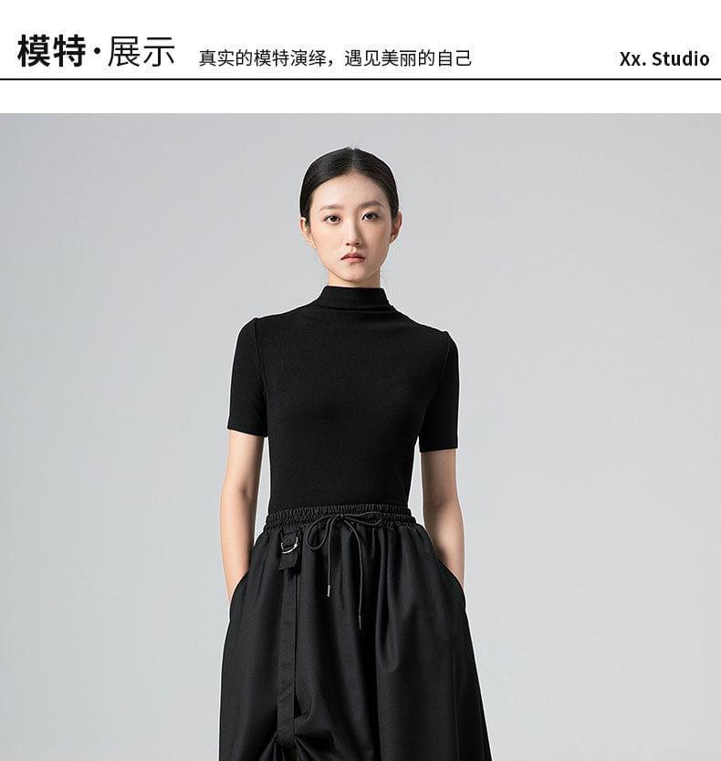 Drawstring Waist Plain Midi A-Line Skirt Product Image