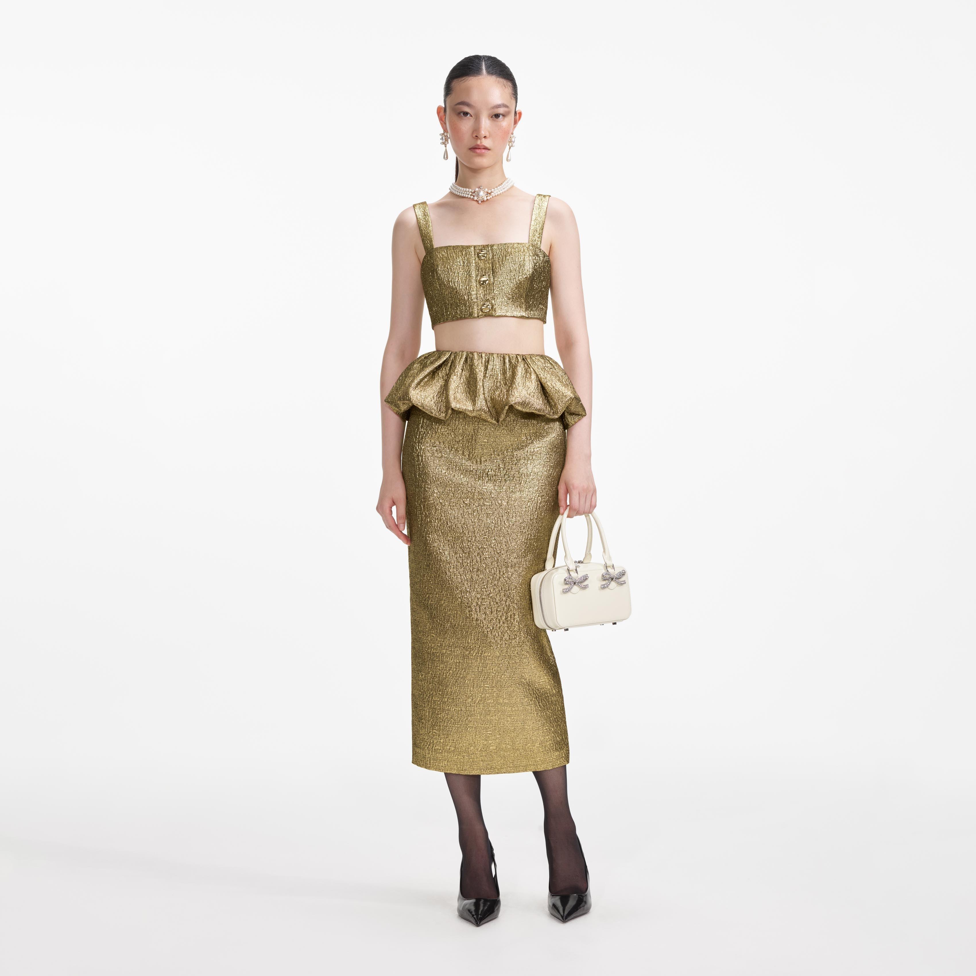 Gold Metallic Jacquard Midi Skirt Product Image