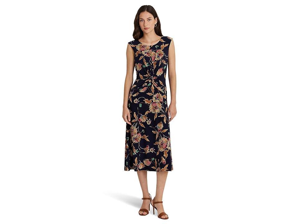 LAUREN Ralph Lauren Floral Twist-Front Stretch Jersey Dress Tan/Multi) Women's Dress Product Image