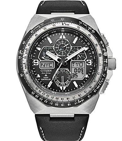 Citizen Mens Black Leather Strap Eco-Drive Water Resistance 200 Stainless Steel Watch Product Image