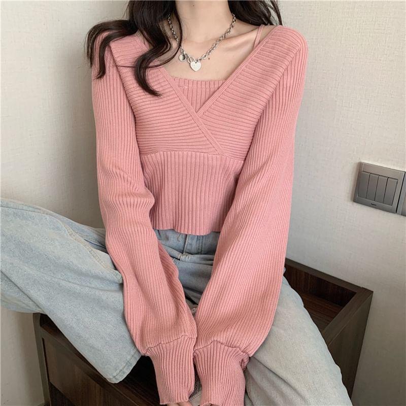 Long-Sleeve Mock Two-Piece Ribbed Knit Top Product Image