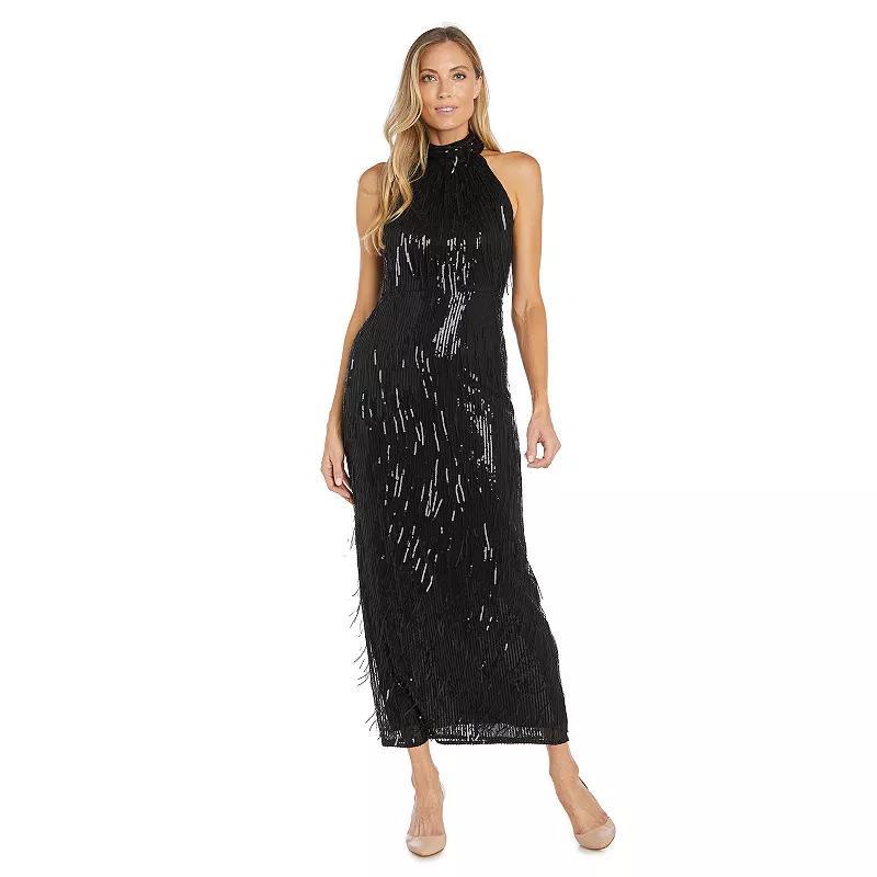 Womens R&M Richards Embroidered Sequin Fringe Mock Neck Halter Dress Product Image