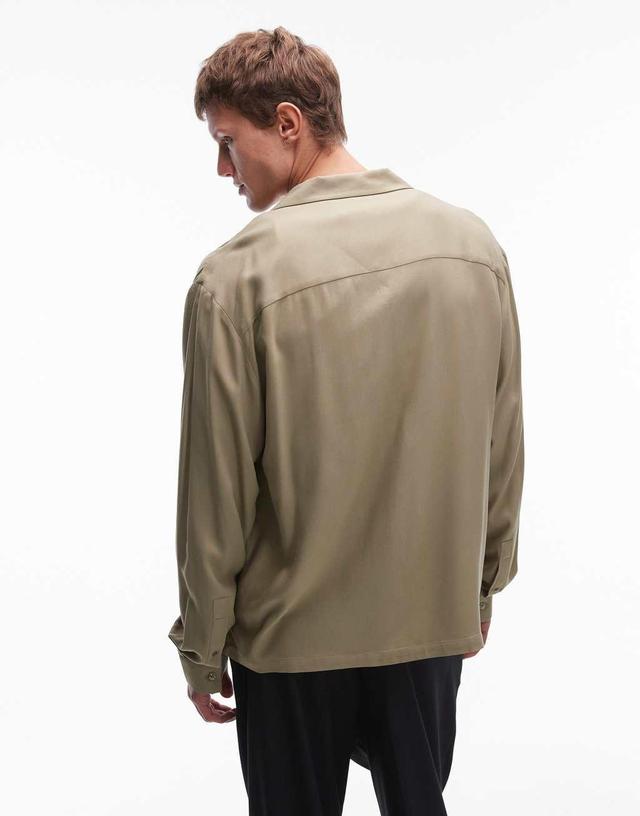 Topman long sleeve viscose shirt in khaki Product Image