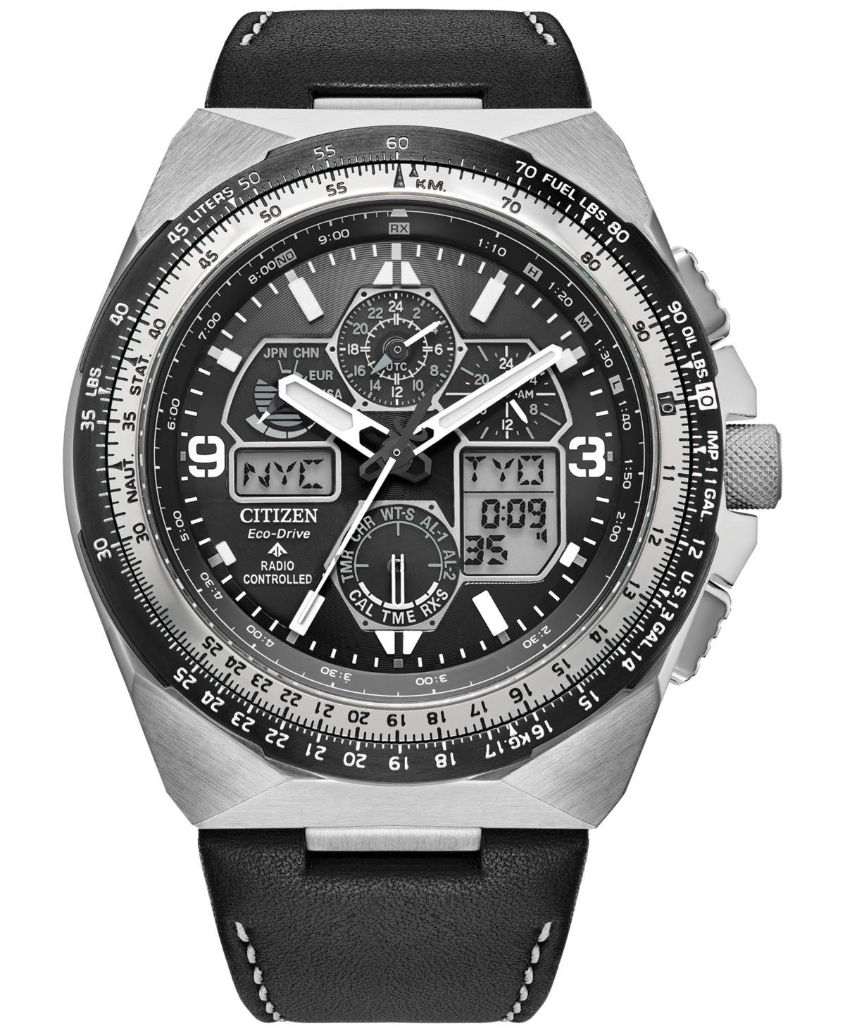 Citizen Eco-Drive Mens Chronograph Promaster Skyhawk Black Leather Strap Watch 46mm Product Image