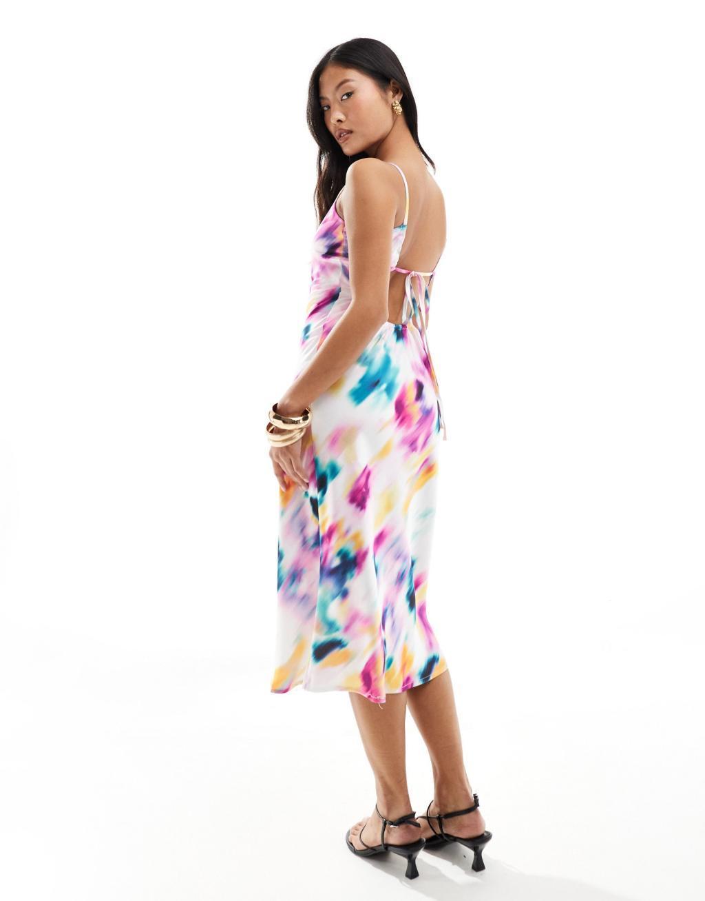 Vila Petite satin tie back midi dress in graphic blur print Product Image