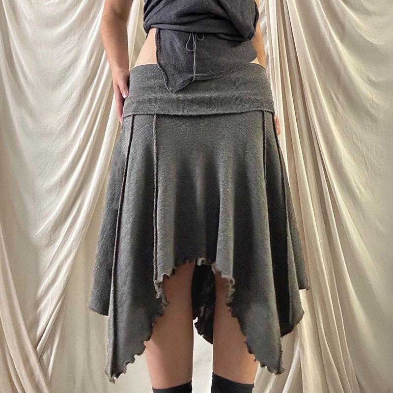 Low Waist Plain Paneled Ruffled-Trim Asymmetric-Hem Midi Skirt Product Image