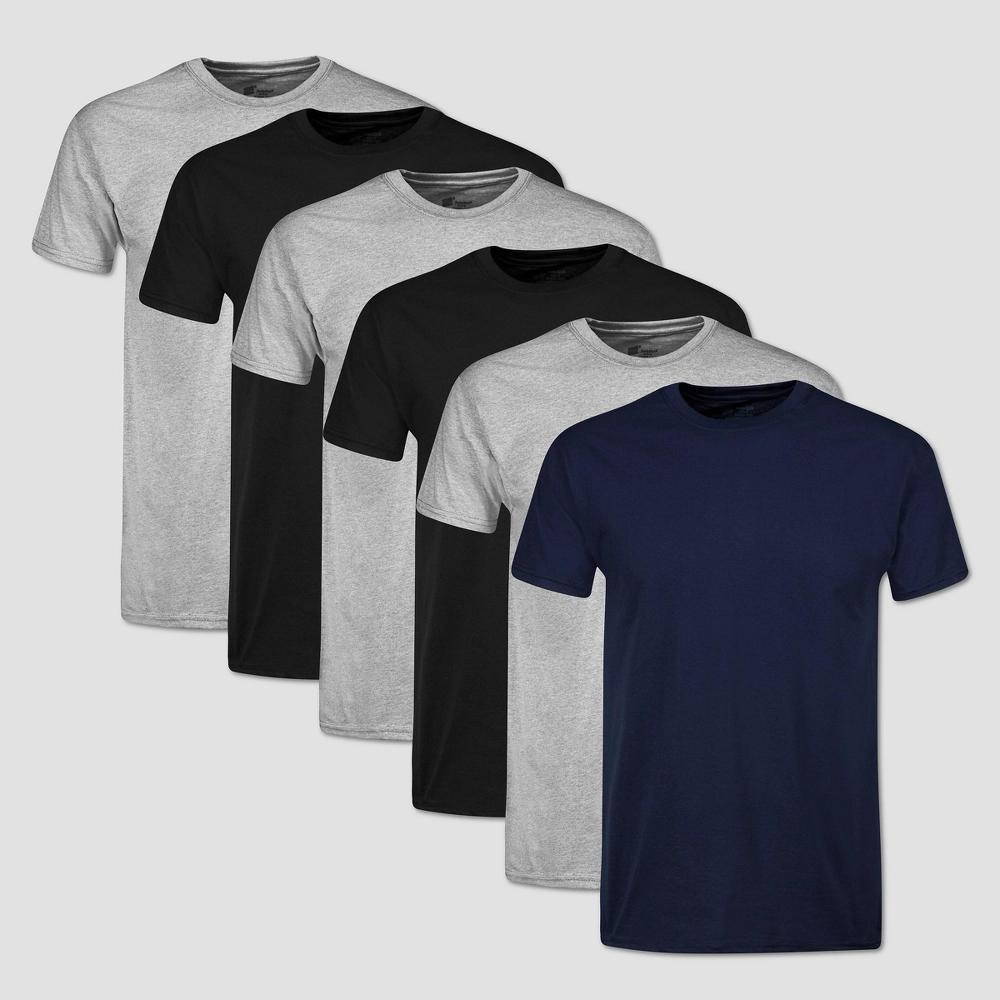 Hanes Mens T-Shirt Pack, Moisture-Wicking Stay-Tucked Undershirts, Black/Grey/Blue, 6-Pack Product Image