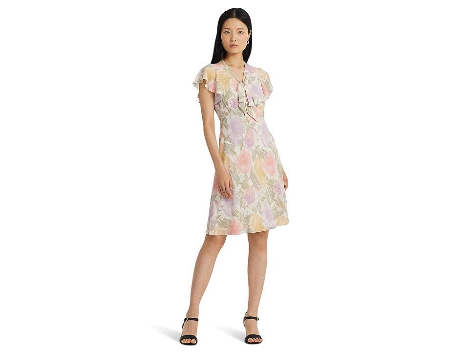 LAUREN Ralph Lauren Floral Bubble Crepe Tie-Neck Dress (Cream ) Women's Dress Product Image