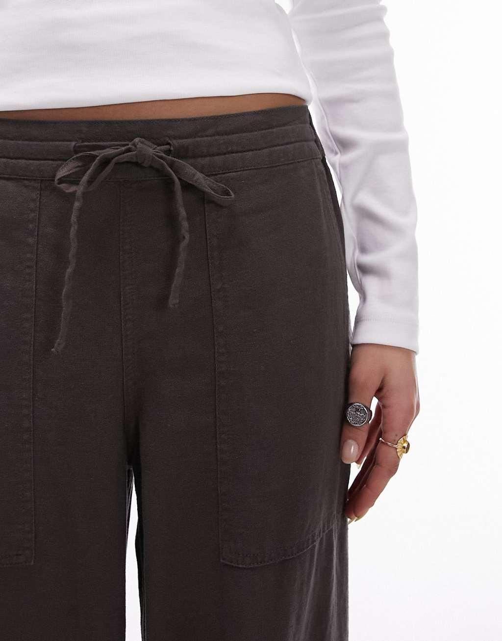 Topshop linen low rise draw cord waist straight leg pants in charcoal Product Image