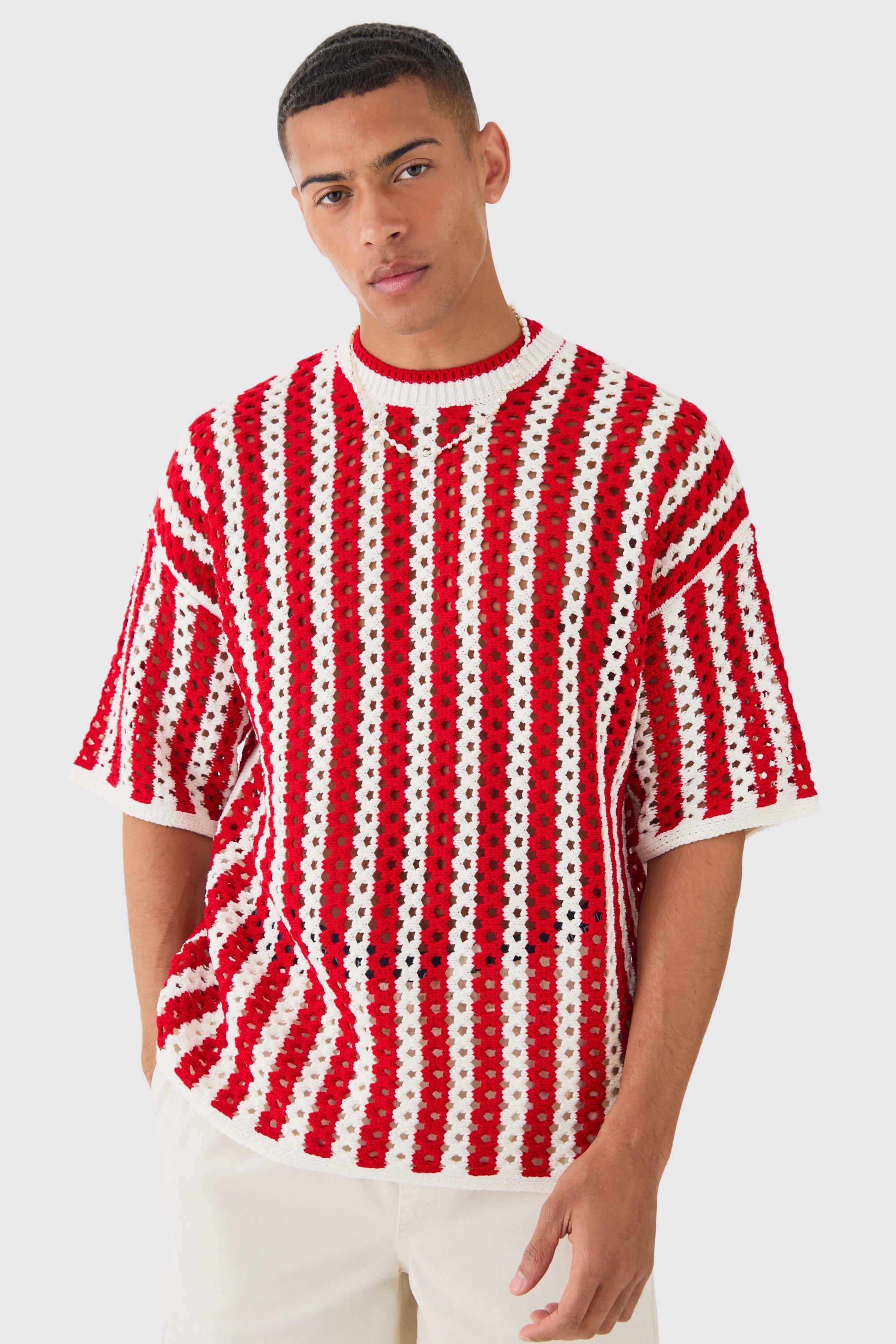 Mens Red Oversized Open Stitch Stripe Knitted T-shirt, Red Product Image