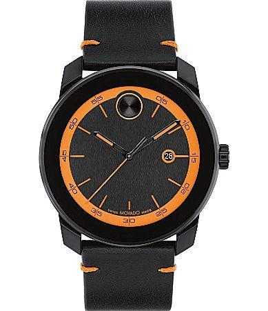 Movado Bold Mens TR90 Quartz Analog Orange Detail Black Leather Strap Watch Product Image