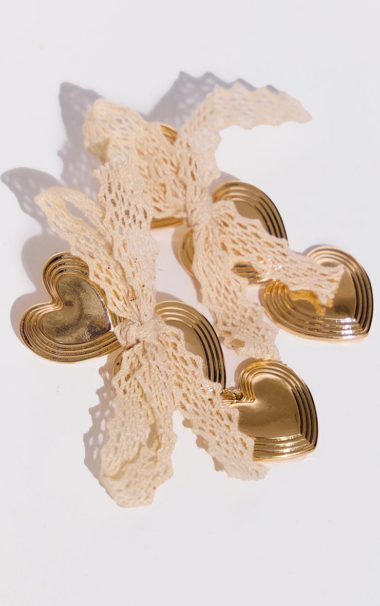 Gold Molten Heart Lace Bow Statement Earrings Product Image