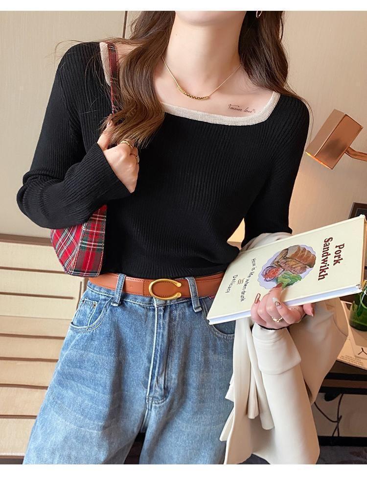 Long-Sleeve Square Neck Contrast Trim Ribbed Knit Top Product Image