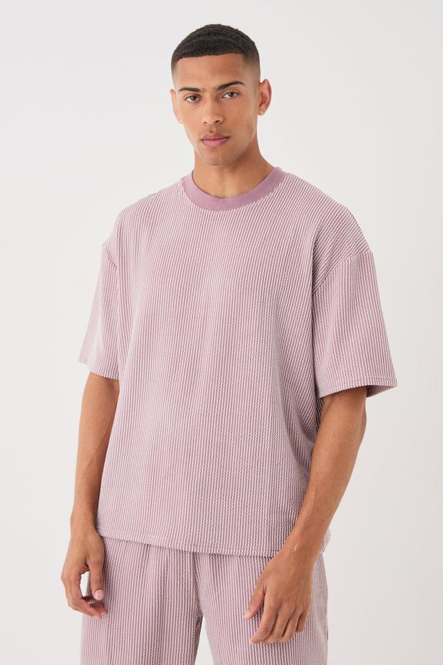 Oversized Boxy Extended Neck Stripe Texture T-shirt | boohooMAN USA Product Image