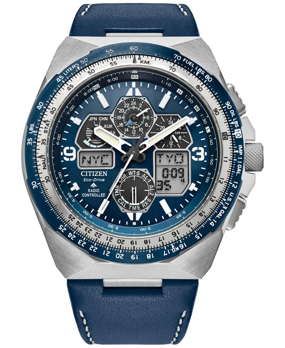 Citizen Eco-Drive Mens Chronograph Promaster Skyhawk Blue Leather Strap Watch 46mm Product Image