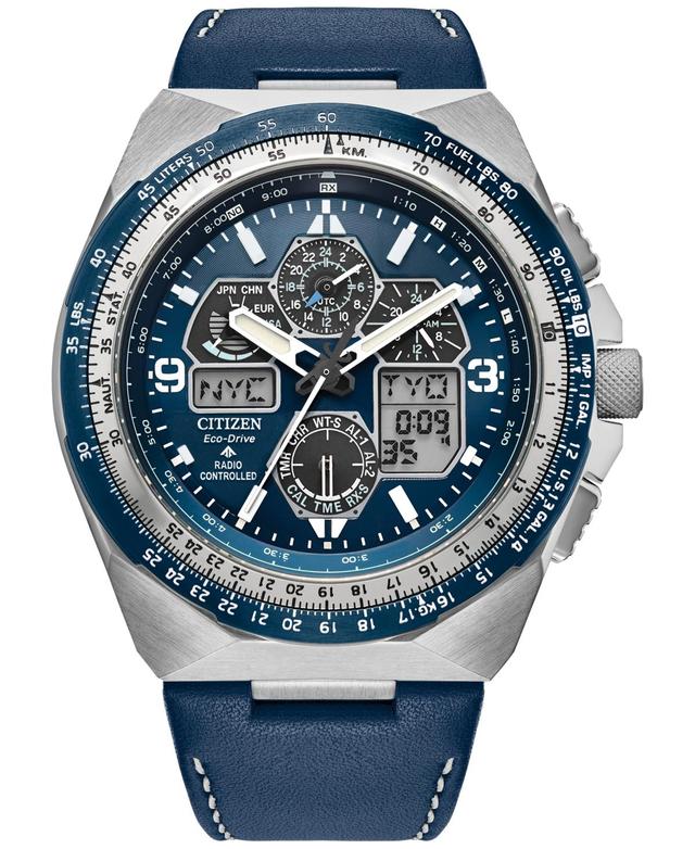 Citizen Mens Blue Leather Strap Eco-Drive Water Resistance 200 Stainless Steel Watch Product Image