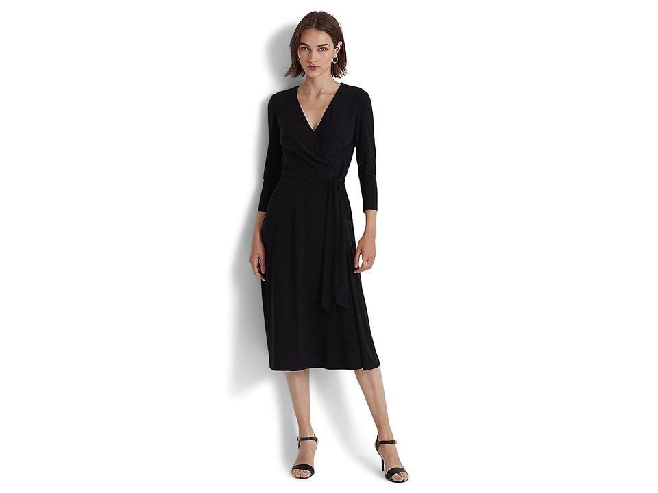 Lauren Ralph Lauren Carlyna Wrap Front V-Neck 34 Sleeve Jersey Machine Washable Midi Dress Product Image