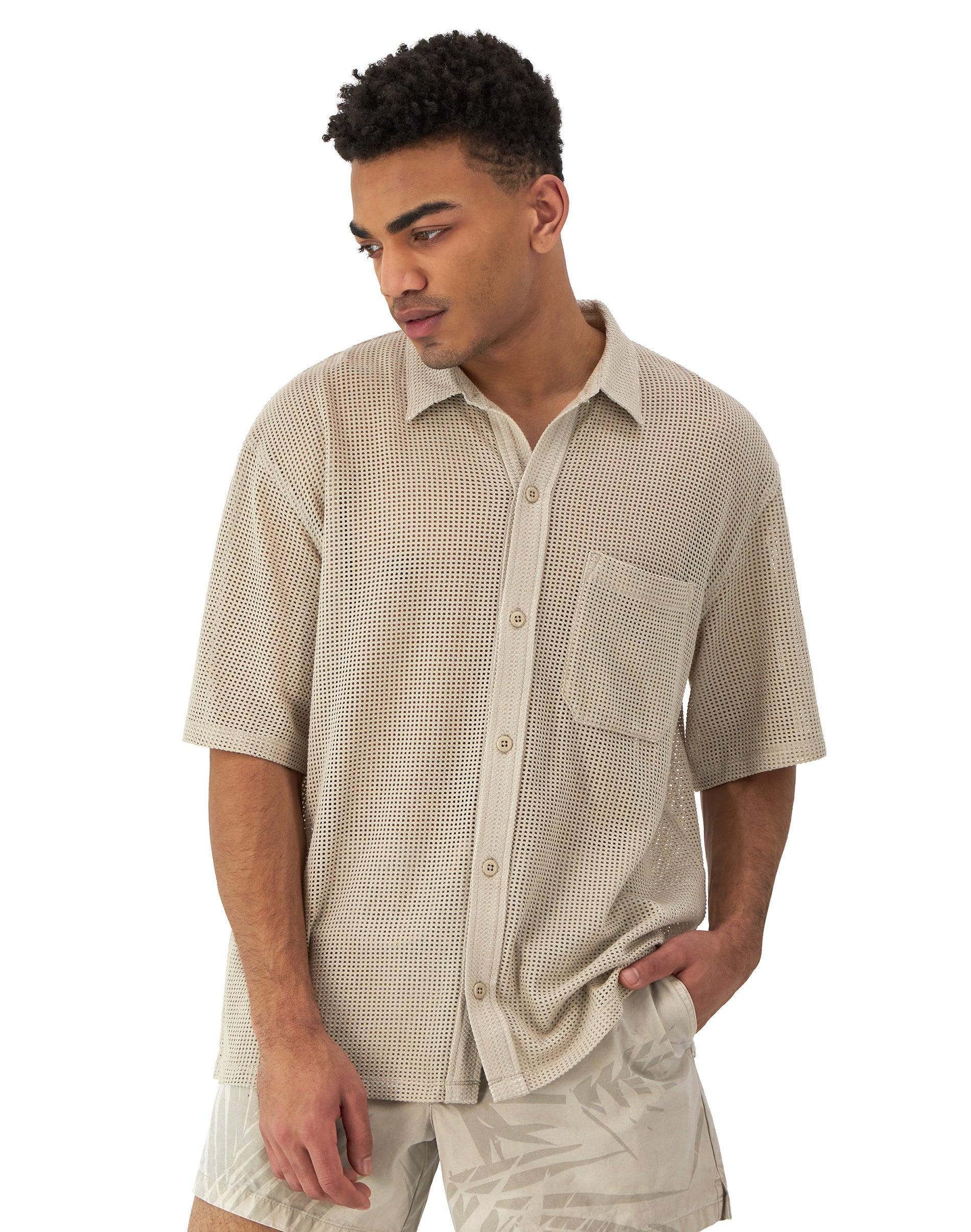 Mens Champion Mesh Button-Down T-Shirt Arctic Cold Beige XL Product Image