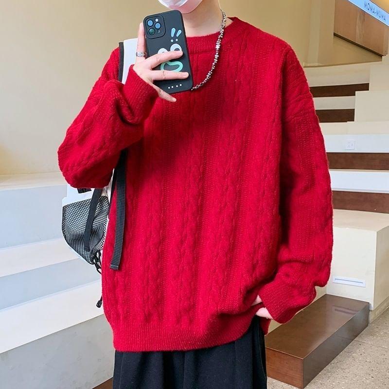 Crew Neck Plain Cable Knit Sweater Product Image